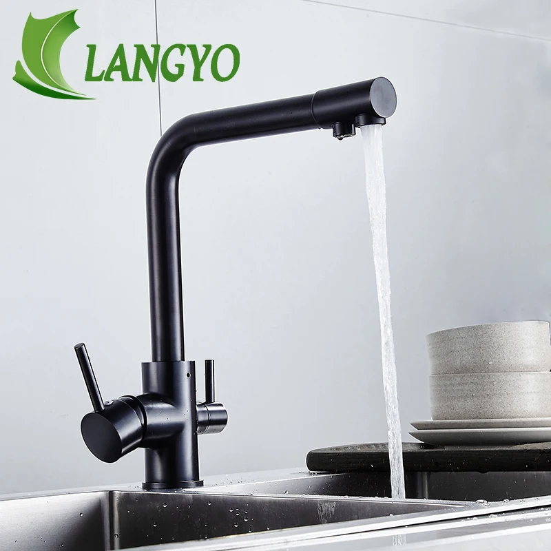 

LANGYO Water Filter Faucet Kitchen Vessel Sink Rotatable Faucet Swivel Spout 2 Handles Deck Mount Taps Solid Brass Mixer Faucet