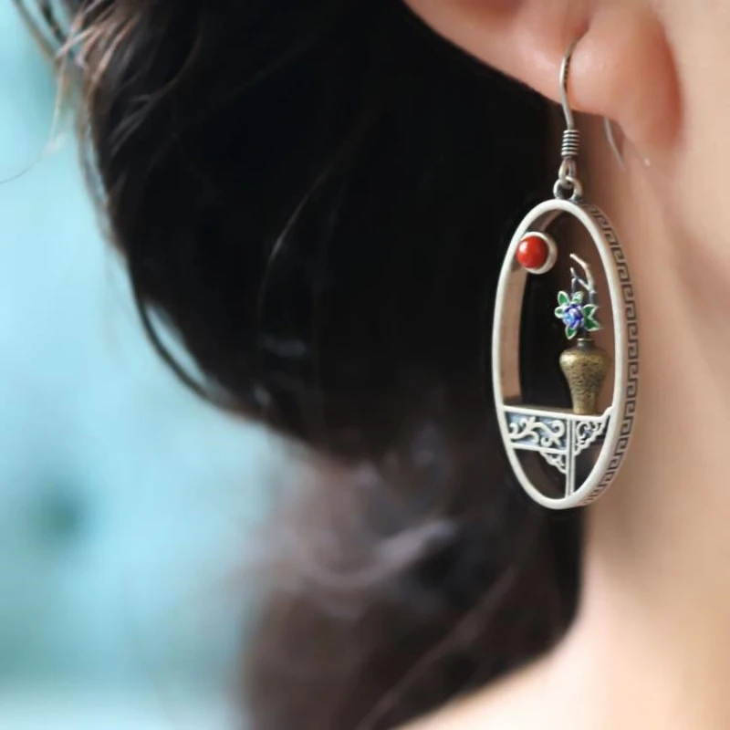 

Buyee 925 Sterling Silver Female Drop Earring Elegant Ethnic Style Vase Earring for Women Fashion Golden Fine Jewelry Earring