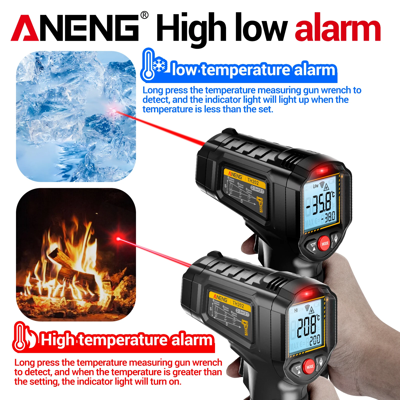 

ANENG TH202 Бесконтактный измеритель температуры 50 ℃ до 600 ℃ Портативный инфракрасный термометр с лазерной указкой и ЖК-дисплеем с подсветкой