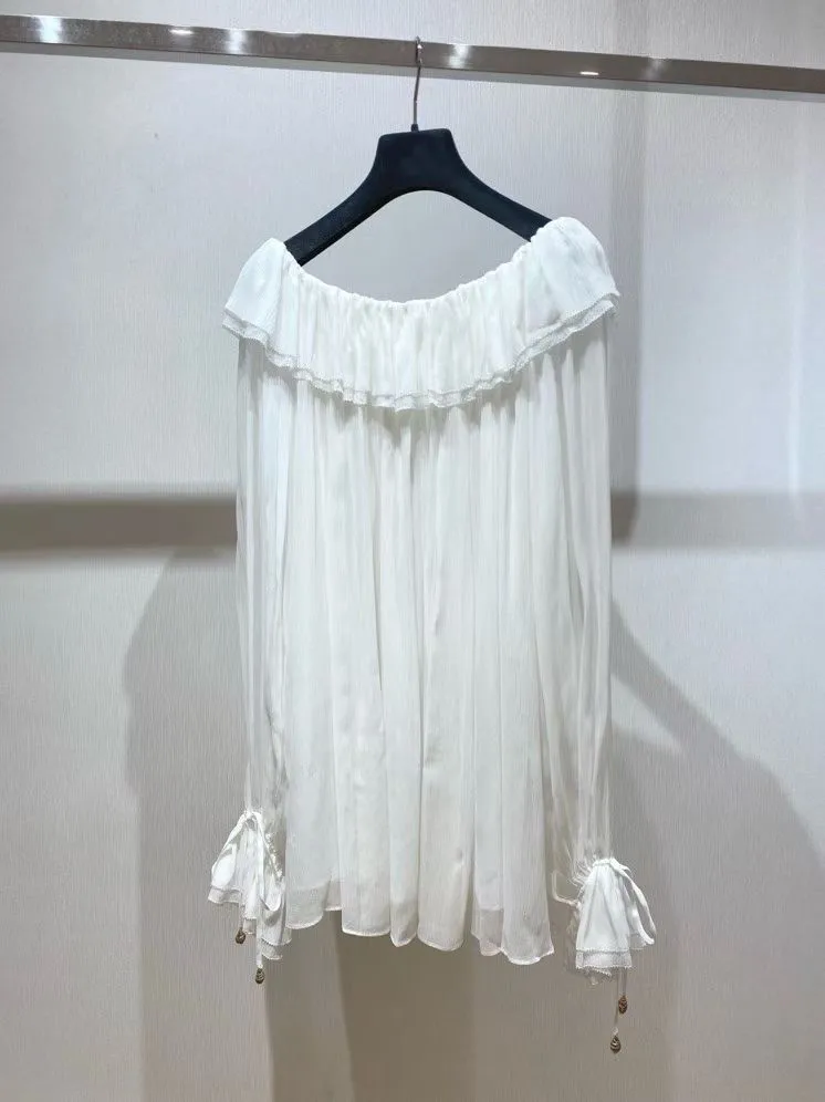 High Quality Pink 100% Silk Shirt Sexy Ladies Slash Neck White Top Romantic Ruffles Flare Sleeve Bohemian Light Green Blouse
