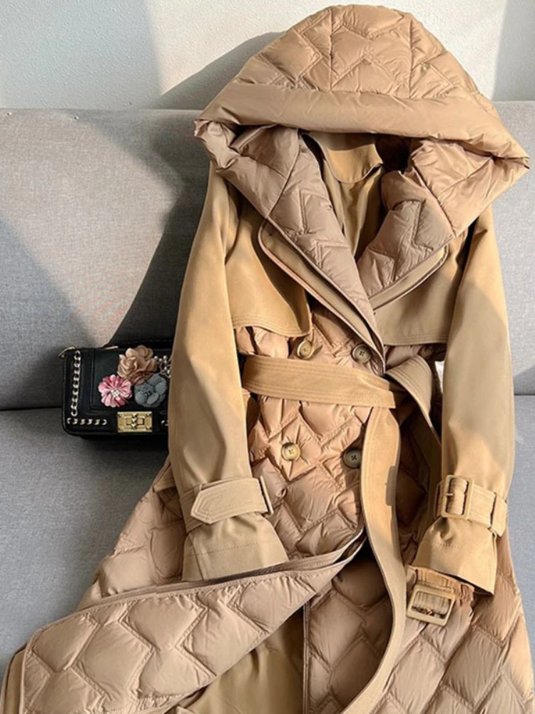 المرأة طويلة شتاء دافئ الطبيعية أوزة ريشة أسفل سترة فاخرة معطف فضفاض مقنعين ملابس خارجية الشارع الشهير موضة جديدة #2