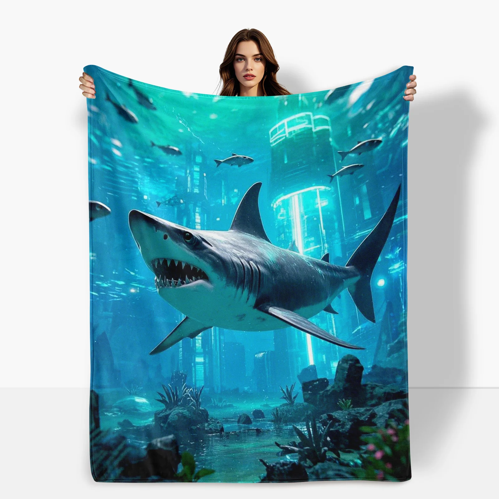 Cyberpunk Shark Blanket With Futuristic Underwater City Design For A Sleek And Edgy Modern Home Decor Statement