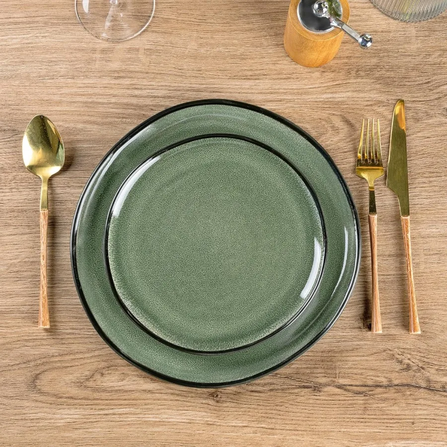 أطقم أواني طعام سيراميك مصنوعة يدويًا مع طلاء تفاعلي لتناول الطعام اليومي والمناسبات الخاصة، رقاقة عالية ومقاومة للشقق