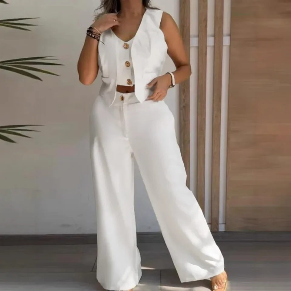 Elegant Two Piece Set Fashion V-neck Single Breasted Spliced ​​vest High Waist Straight Trousers Set Office Lady Suit