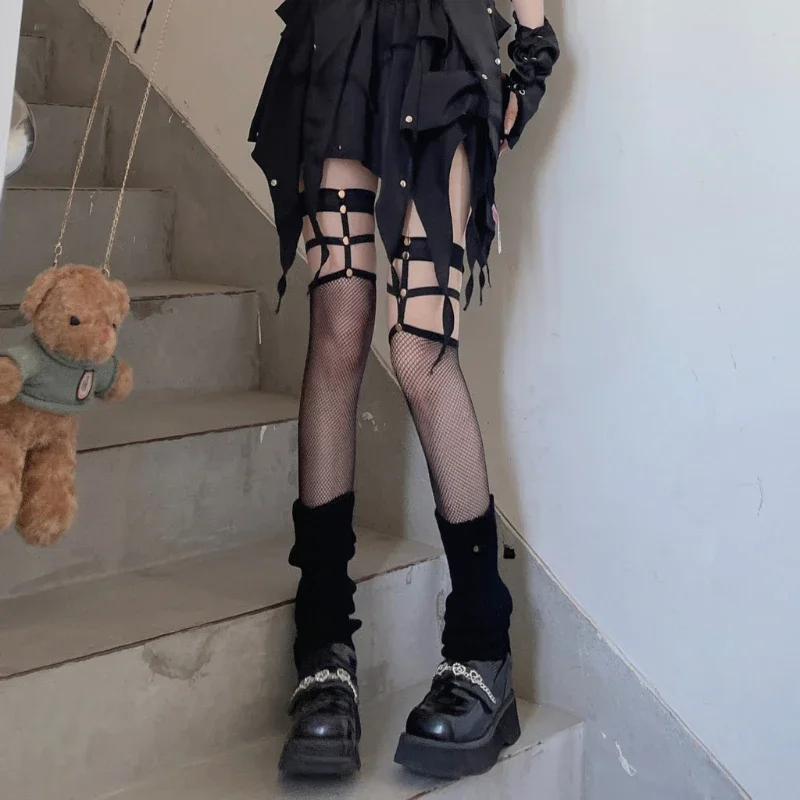 Mulheres sexy fivela de cobre longo tubo meias goth lolita fishnet malha náilon coxa meias altas finas verão meias de seda macia