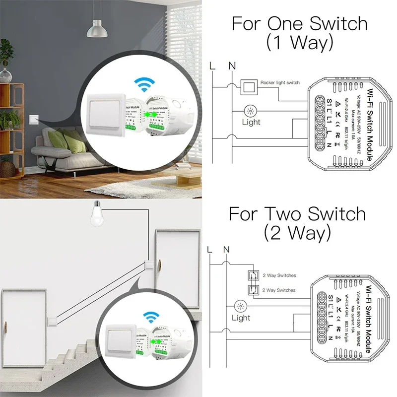 Módulo de interruptor de luz inteligente con WiFi, dispositivo con Control remoto por voz, 1/2 vías, atenuador de 1/2 entradas, compatible con Smart