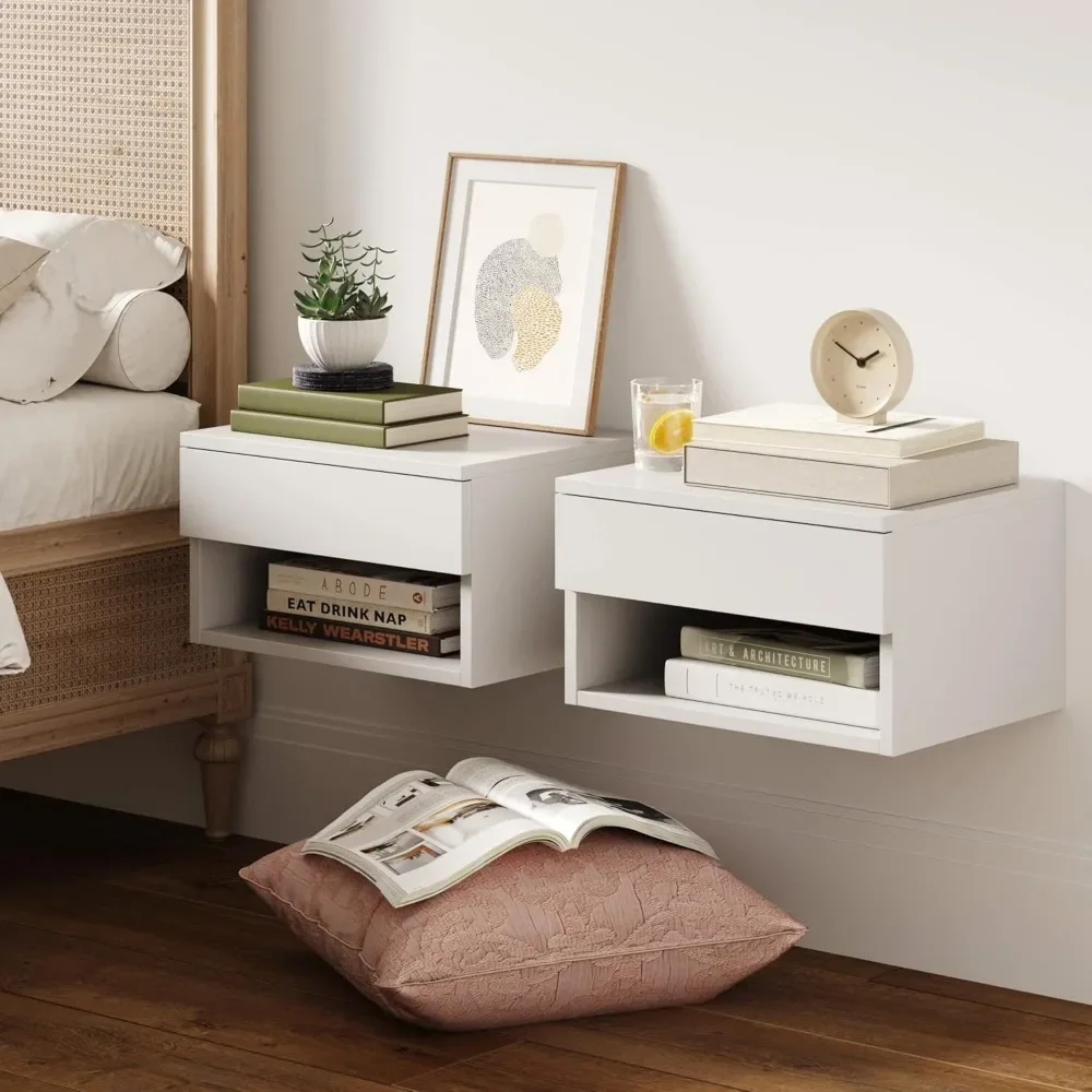 Modern Floating Bedside Table, 12 Inches Long X 16 Inches Wide X 9 Inches High, with Drawers, Set of Two, Floating Bedside Table