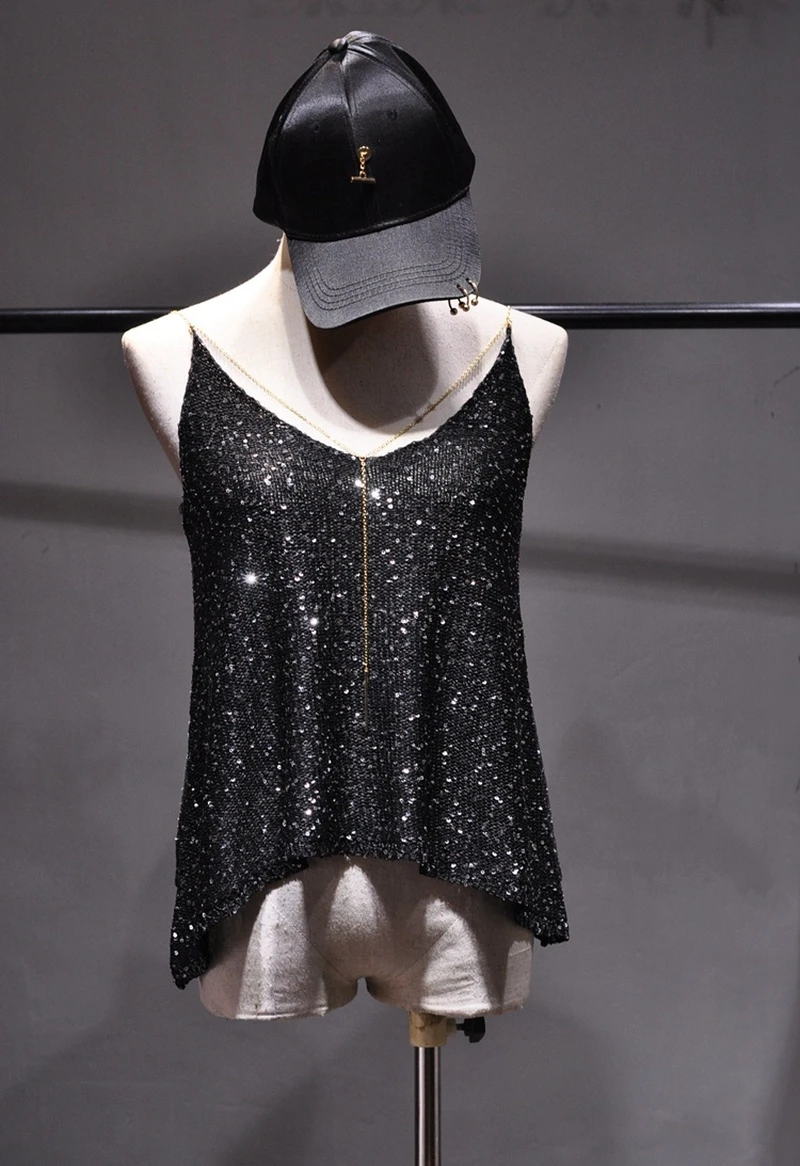 Shiny Summer Spaghetti Straps Sequins V-neck Condole Belt Vest Metal Chain Pendant Sexy Beauty Back Coat