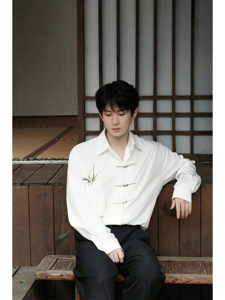 

New Chinese Sle Men's Long Sve irt White Ele Outerwear Casual Loose Fit Autumn Faion M Clothing