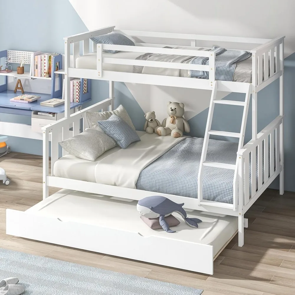 Solid Wood Triple Bunk Bed with Reversible Ladder & Safety Guardrails, Convertible 3-in-1 Bunk Beds for Kids Teens Adults