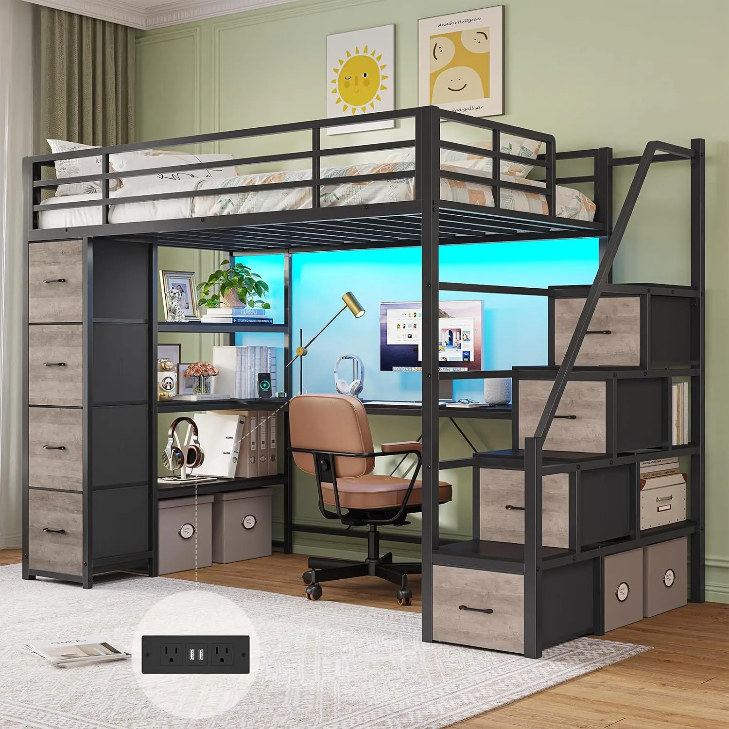 Loft Bed Twin Size with Storage Stairs,Desk & Power Strips,Metal Twin Loft Bed with LED Lights,8 Storage Drawers & Open Shelves