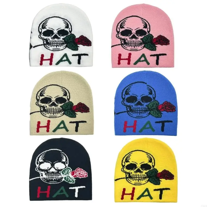 

P88B Teens Elastic Beanie Knit Skull Caps with Jacquard Skull&Rose Pattern Skiing Hat