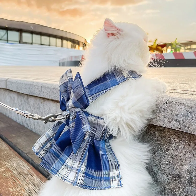 Łuk sukienki dla kotów szczeniaków letnie ubranie dla psa ubrania moda Plaid JK sukienka z smyczy zestawy dla małych psów koty Kitten odzież ropa gato