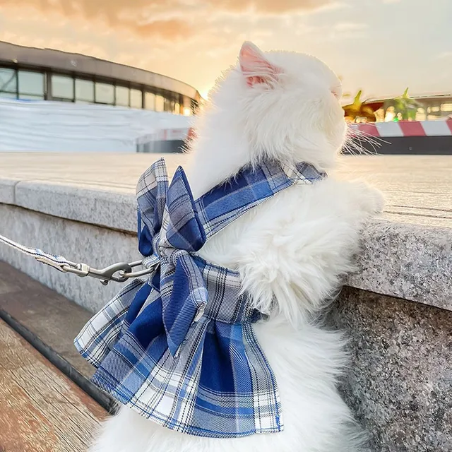 Łuk sukienki dla kotów szczeniaków letnie ubranie dla psa ubrania moda Plaid JK sukienka z smyczy zestawy dla małych psów koty Kitten odzież ropa gato