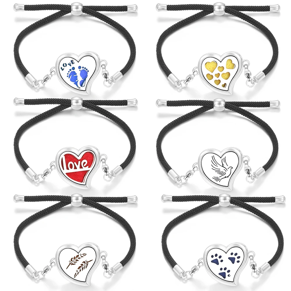 

Aromatherapy Diffuser Women Heart Shape Black Braided Rope Bangle Stainless Steel Essential Oil Perfume Lockets Bracelet Jewelry