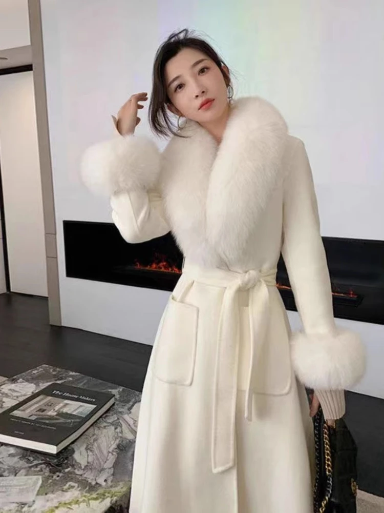 Lace-Up Long Overcoat Women's Coat Office Lady Elegant Woolen Big Fur Collar Long Sleeve Jacket 2025 New Loose Cardigan Parkas