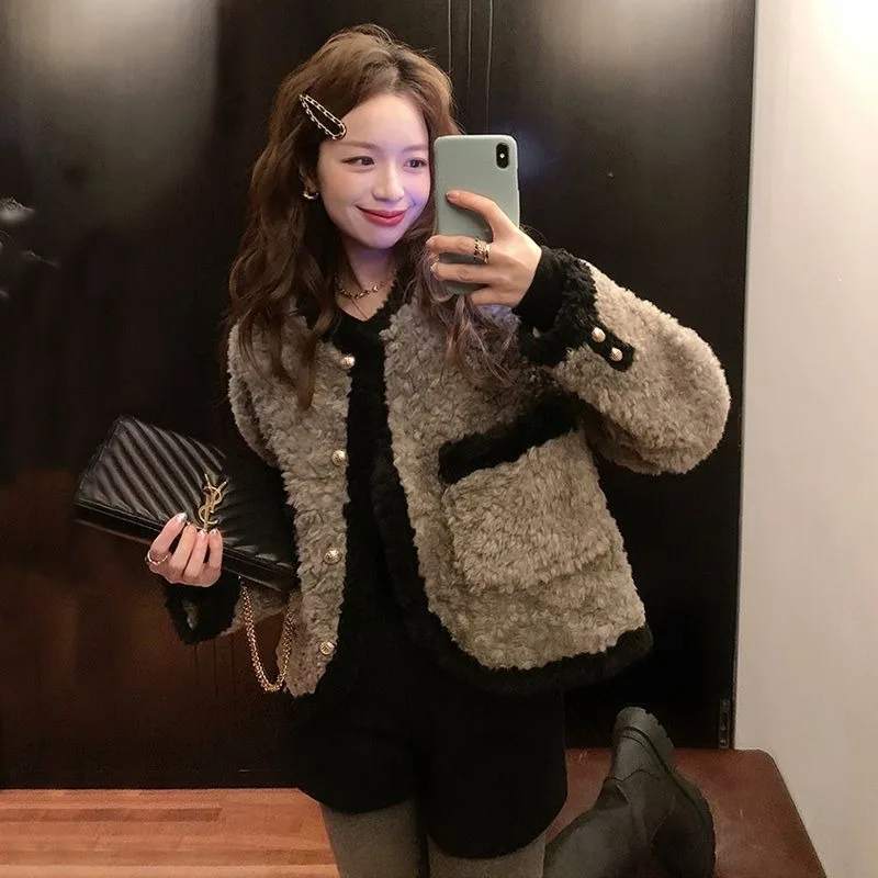Xiaoxiangfeng Lamb Coat Women Contrasting Color Imitation Rex Rabbit Fur Coat Autumnand Winter Thickened Korean Light Luxury Top