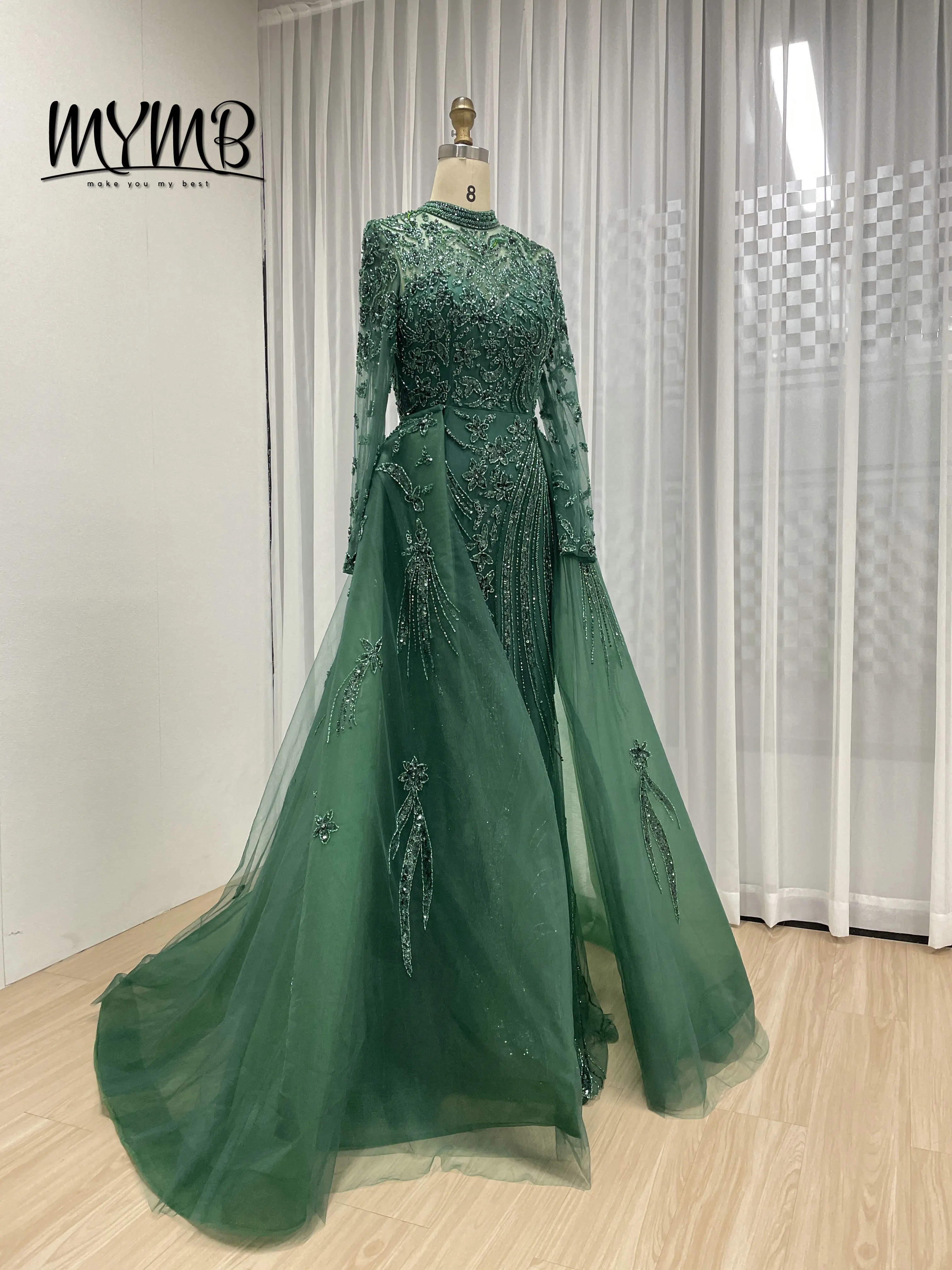 Elegancka suknia wieczorowa w stylu syreny w kolorze dubajskiej zieleni dla panny młodej, luksusowe suknie ślubne z haftem i koralikami, muzułmańskie długie suknie MY30035B