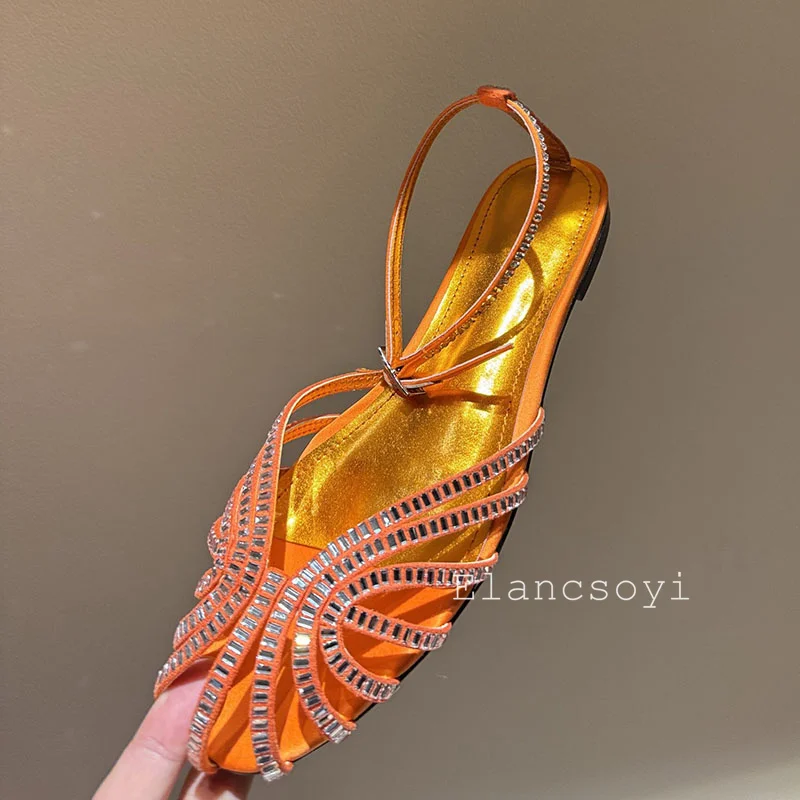 Summer Flat Sandals Women's Shiny Rhinestone Round Toe Hollow Outs Ankle Strap Sandalias Fashion Banquet Dress Shoes 2026