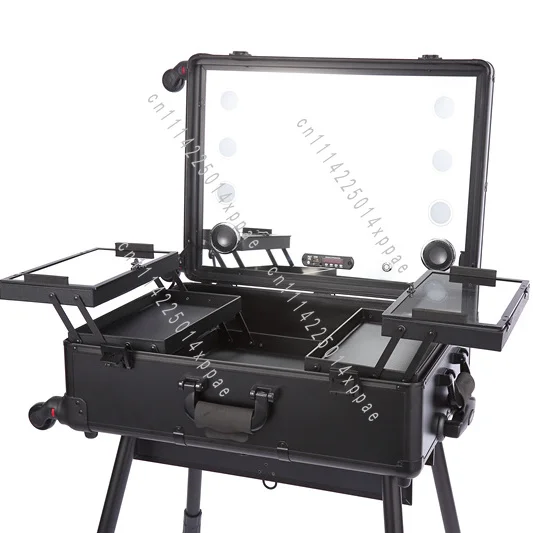 Mirror with Light LED Light Aluminum Professional Rolling Cosmetics Trolley Suitcase Train Case