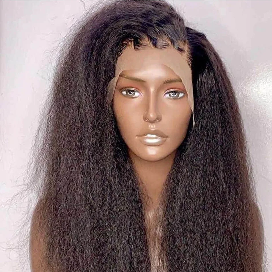 

Natural Black Soft 28 inch 200% Density Long Yaki Kinky Straight Lace Front Wig For Women With Baby Hair Preplucked Glueless