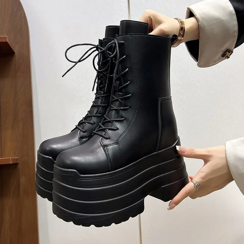 NEW 10cm High Platform Gothic Boots Buckle Autumn Winter Leather Shoes Punk Street Cosplay Mid-calf Boots Motorcycle Short Botas - Detail 1