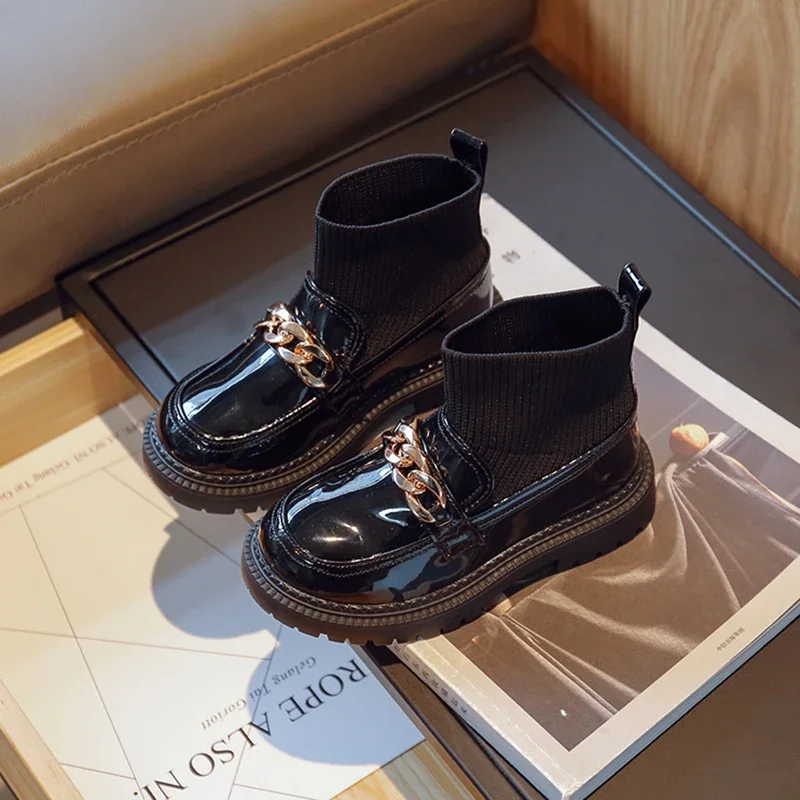 Children Socks Boots Simple Girls Princess Short Boots Fashion Kids Leather Boots with Metal Chains Classic Non-slip 2024 New