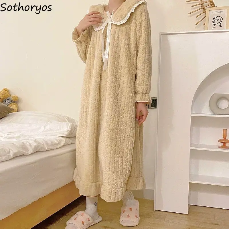 

Sweet Calf-length Flannel Nightgowns Women Winter Long Flare Sleeve Gentle Comfort Nightie Kawaii Mujer Nightdress Bowknot Lace