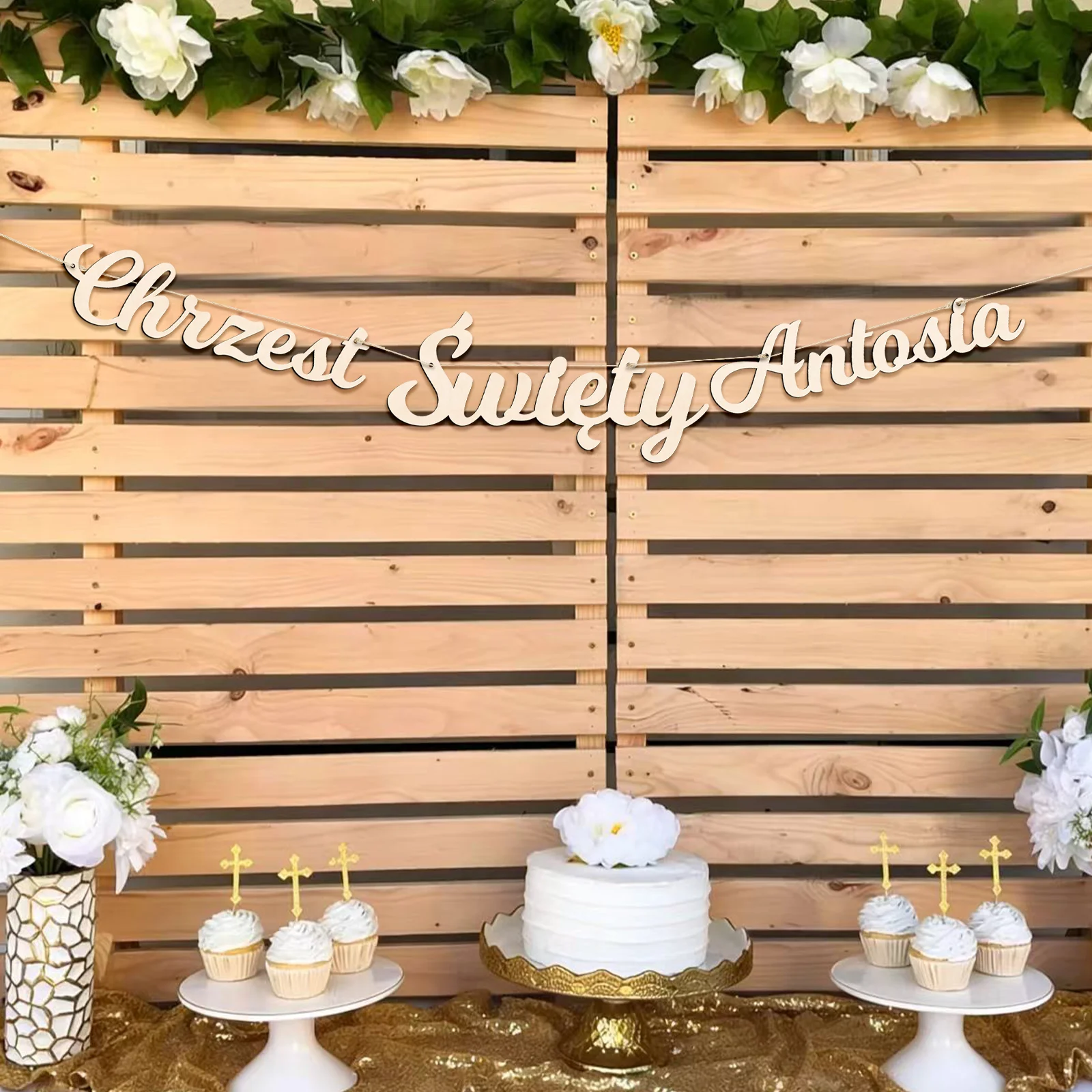Personalized  Wooden Sign, Custom Name Polish Holy Baptism Wall Decor, Christening Party Banner Booth Props Backdrop Decoration