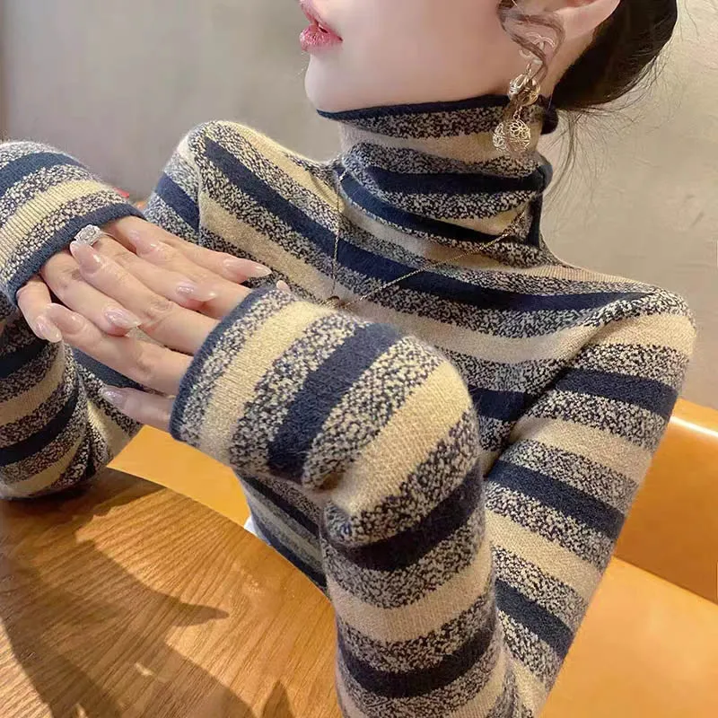 Women Striped Turtleneck Fashion Sweaters Female Top 2024 Spring New Simple Soft Comfortable Vintage Knitwear Slim Pullovers