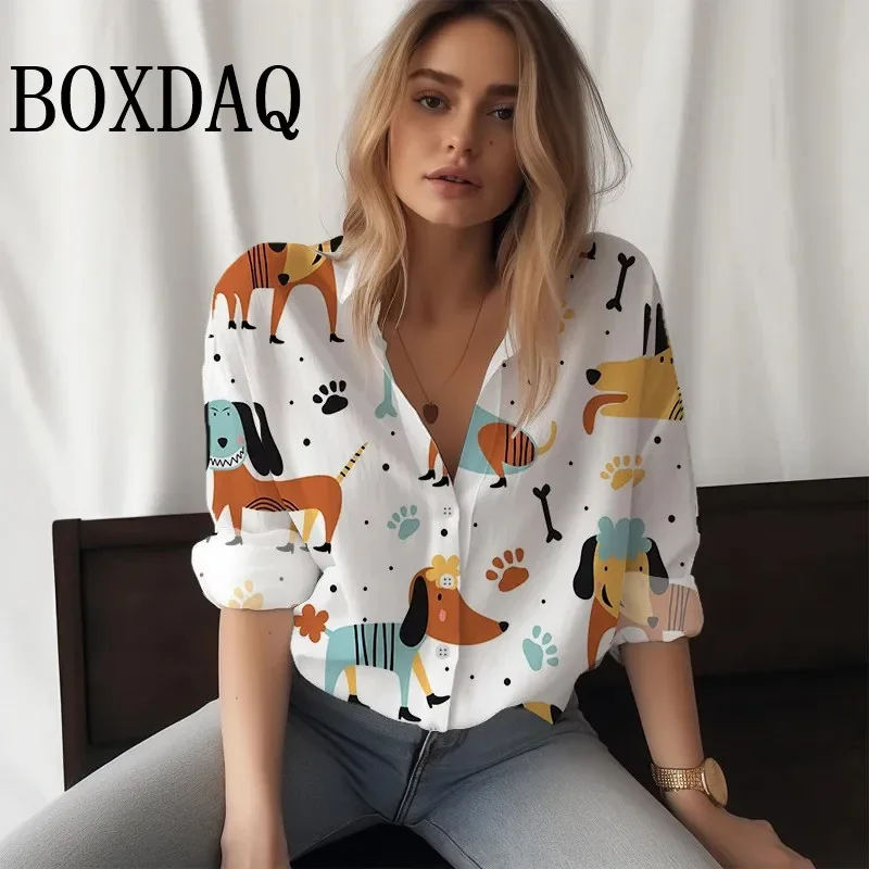 Spring Shirt Cute 3D Digital Cute Dogs Cats Printed Women\'s Shirt Long Sleeve Fashion Blouses Casual Daily Autumn Christmas Tops