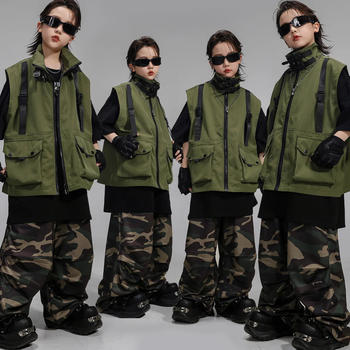 

Kid Hip Hop Clothing Army Green Sleeveless Jacket Vest T Shirt Camo Casual Parachute Pants for Girl Boy Dance Costumes Clothes