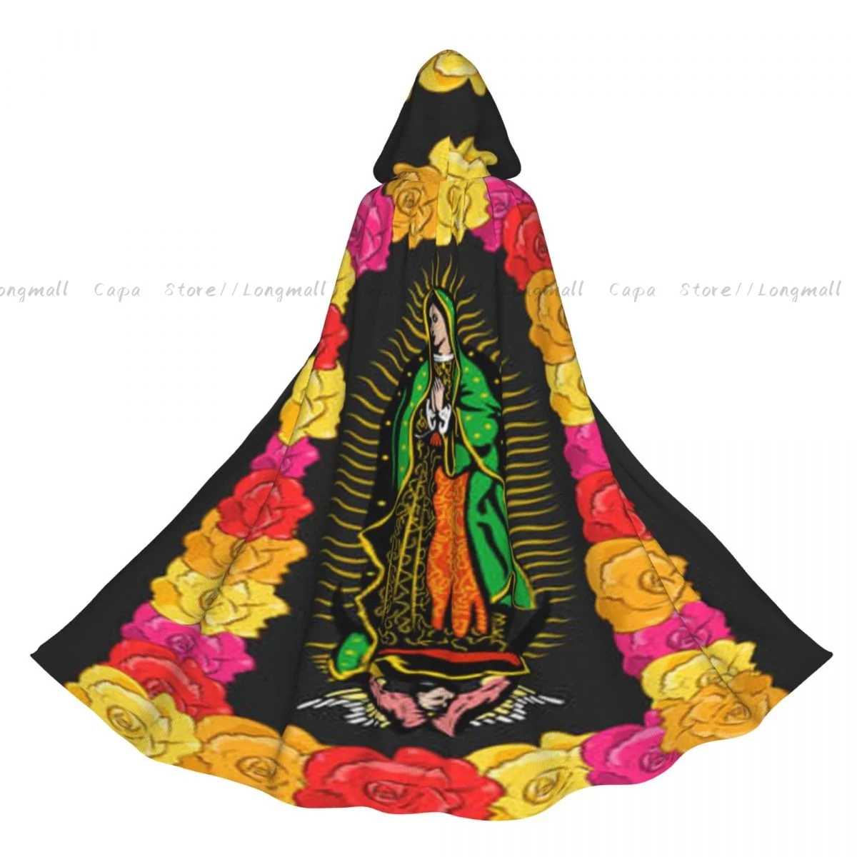 Virgin Of Guadalupe Roses Illustration Hooded Cloak Coat Halloween Cosplay Costume Vampire Devil Wizard Cape Gown Party