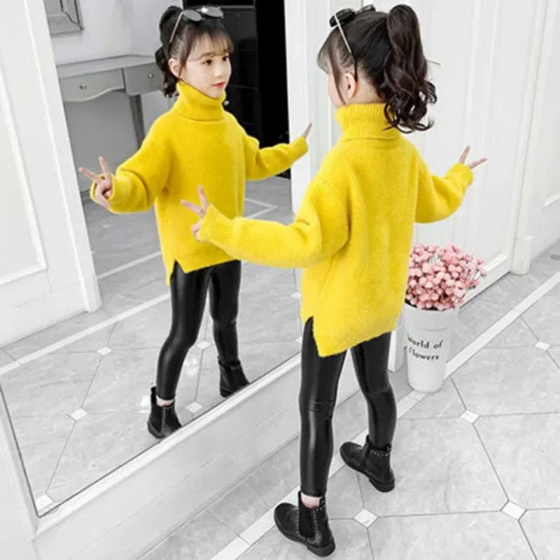 2023 New Autumn Winter Toddler Girls Solid Thick Knitted Sweater Long Sleeve Turtleneck Casual Pullovers Children Warm Cloth X11