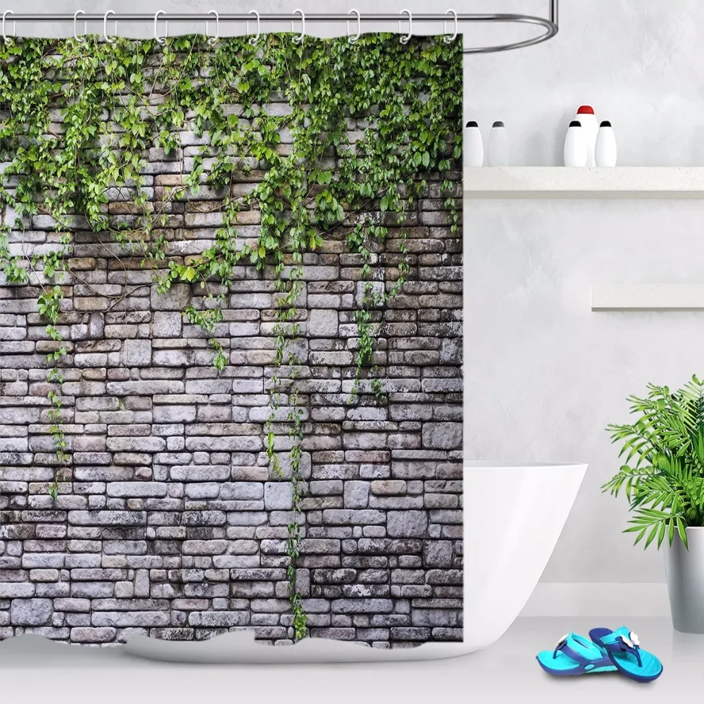 Stone Brick Wall Shower Curtain,Ivy Green Leaves Climbing on Rustic Marble Rocks Stone Wall Fabric Bathroom Shower Curtains