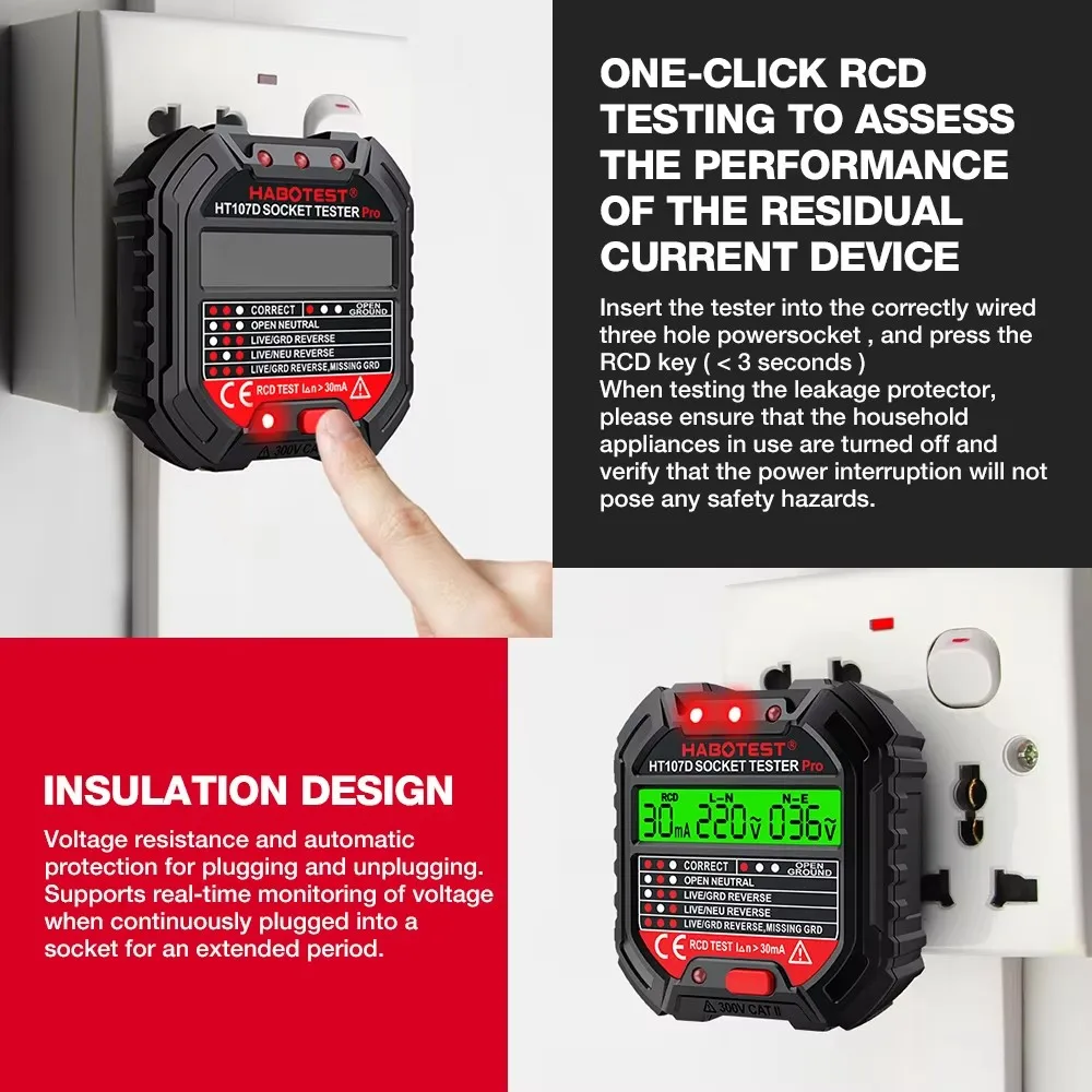 HABOTEST HT107Pro Socket Tester Voltage Test RCD 5/30mA Socket Detector UK EU US Plug Ground Zero Line Plug Polarity Phase Check