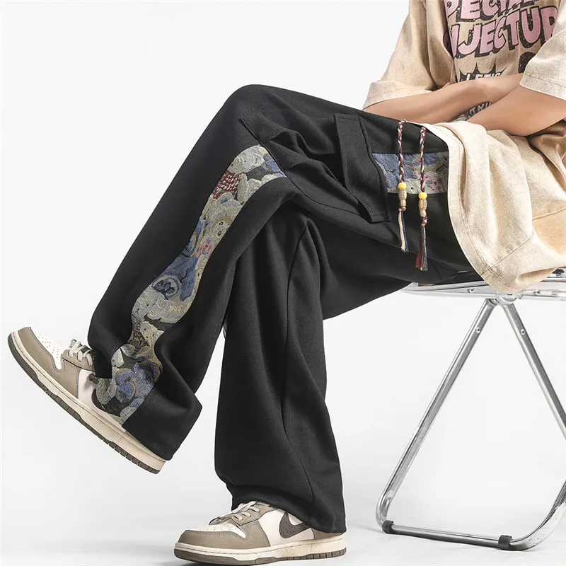 

Men Casual Cargo Pants Sweatpants Retro Side Embroidery Pattern Straight Pants For Men Joggers Drawstring Trousers