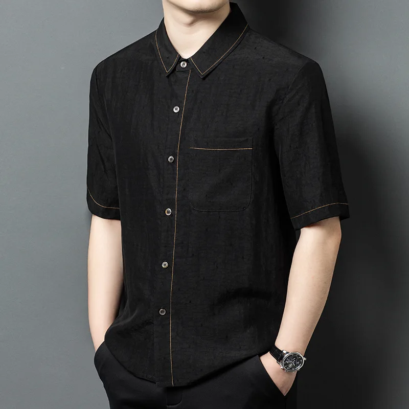 

Real Silk Men's Summer Xiangyun Yarn Cracked Lapel Short-Sleeved Shirt Young and Middle-Aged Thin Type Casual All-Matching Men