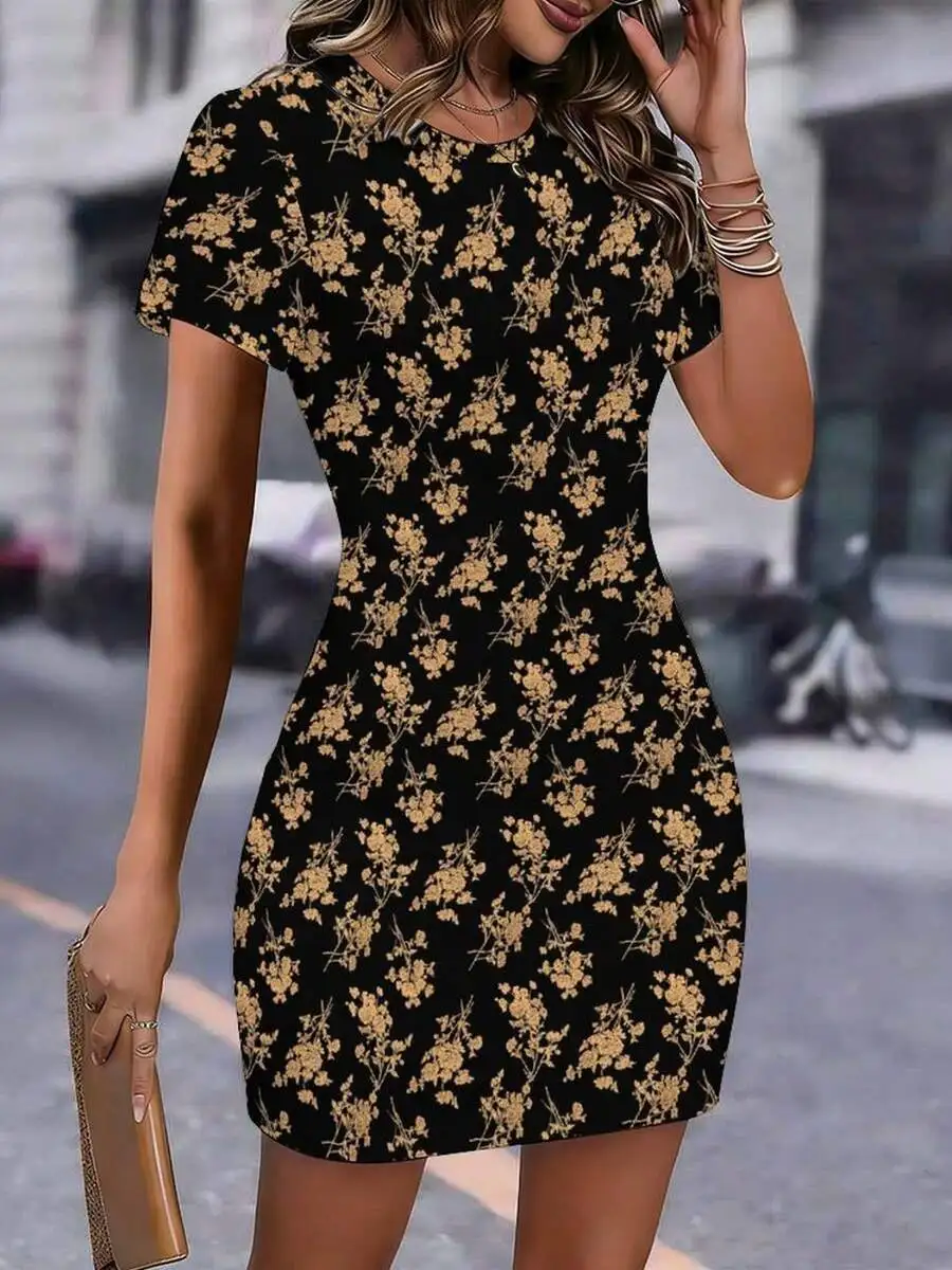 

Elegant Women Bodycon Dress With Floral Print Crew Neck Short Sleeve