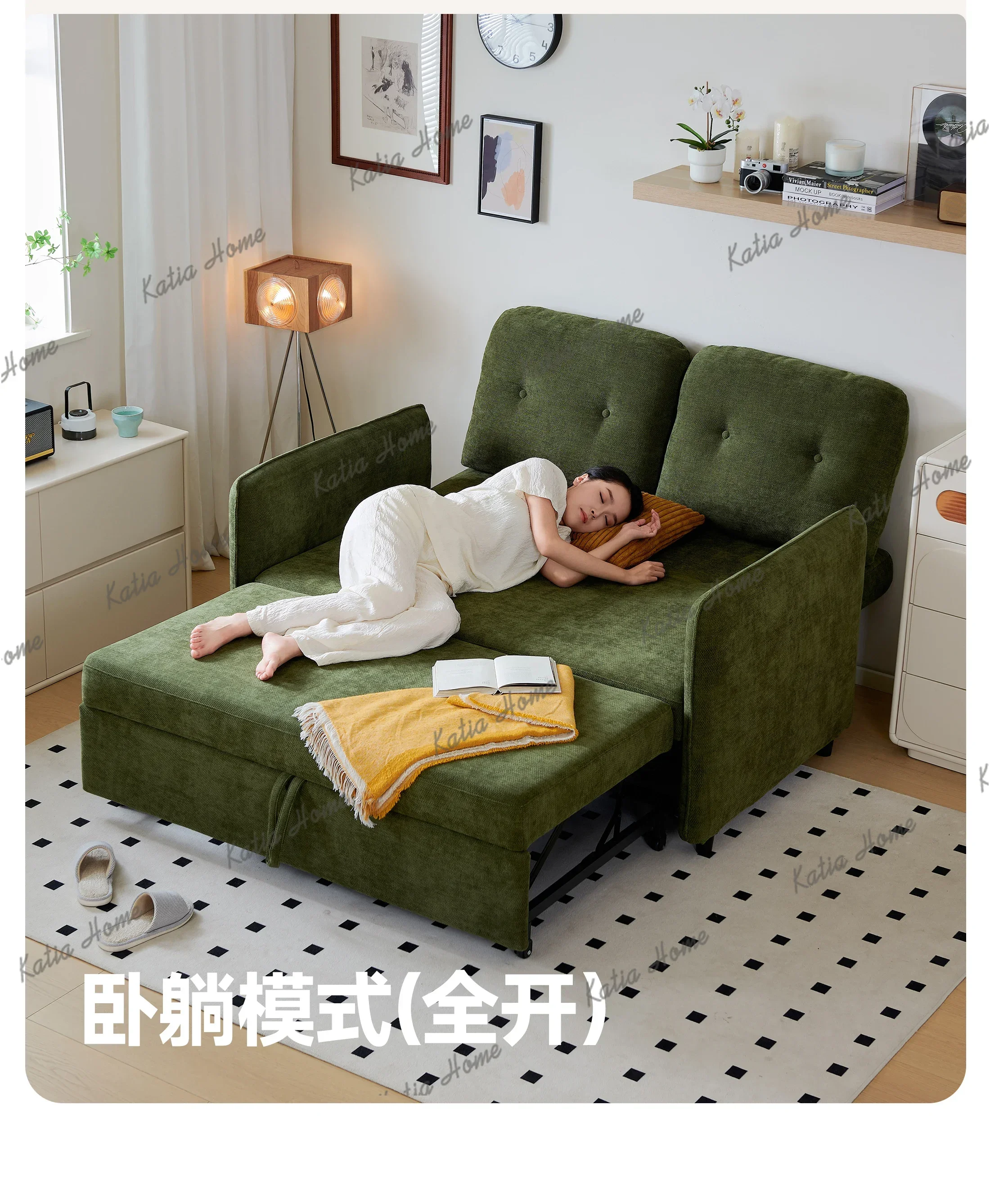 PG  sofa bed folding dual-purpose fabric small apartment living room bedroom single double green