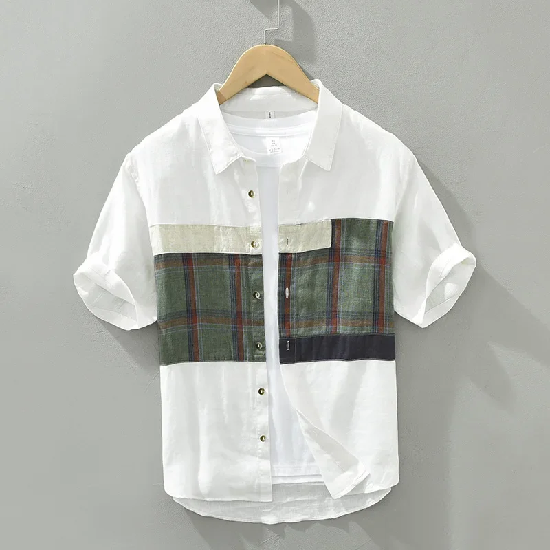 Short Sleeve Shirt for Men Pure Linen Turn-down Collar Casual Shirts Summer New Male Fashion Plaid Patchwork Clothes