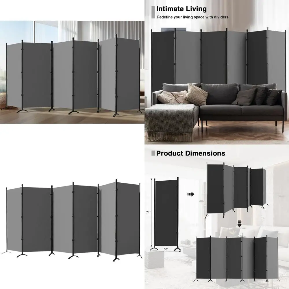 

6-Panel Fabric Room Divider, Privacy Screen, 198 Wide, Portable Partition for Home, Studio, or Office, Grey