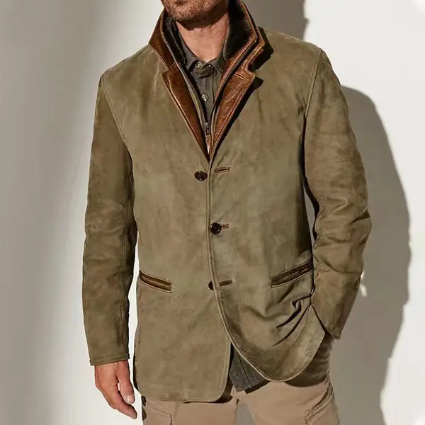 2025 Men's Spring and Autumn Fashion Retro Jacket, New European and American Style Lapel Workwear Patchwork Contrast Color Coat