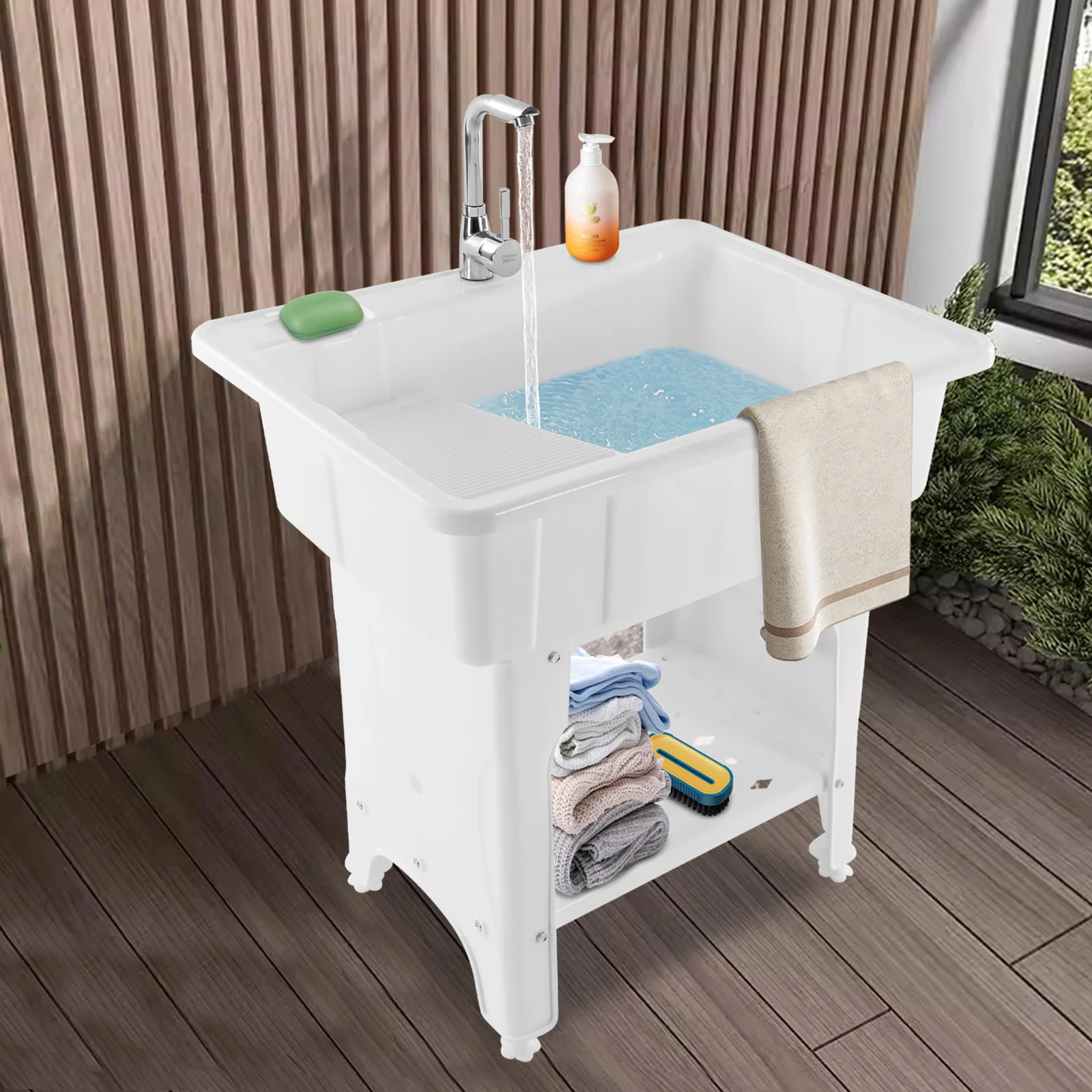 

32 Inch Freestanding Plastic Laundry Sink, Utility Sink Laundry Tub with Hot/Cold Faucet, 154lbs Capacity Slop Sinks for Basement, Garage, Outdoor Washing (White)