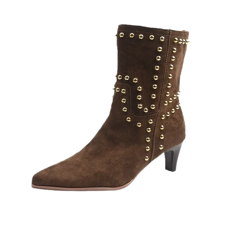 

Autumn and Winter Female Thin Heeled Ankle Boots 2026 New Style Popular Rivet Fashionable High Heel Pointed Loose Women's Boots