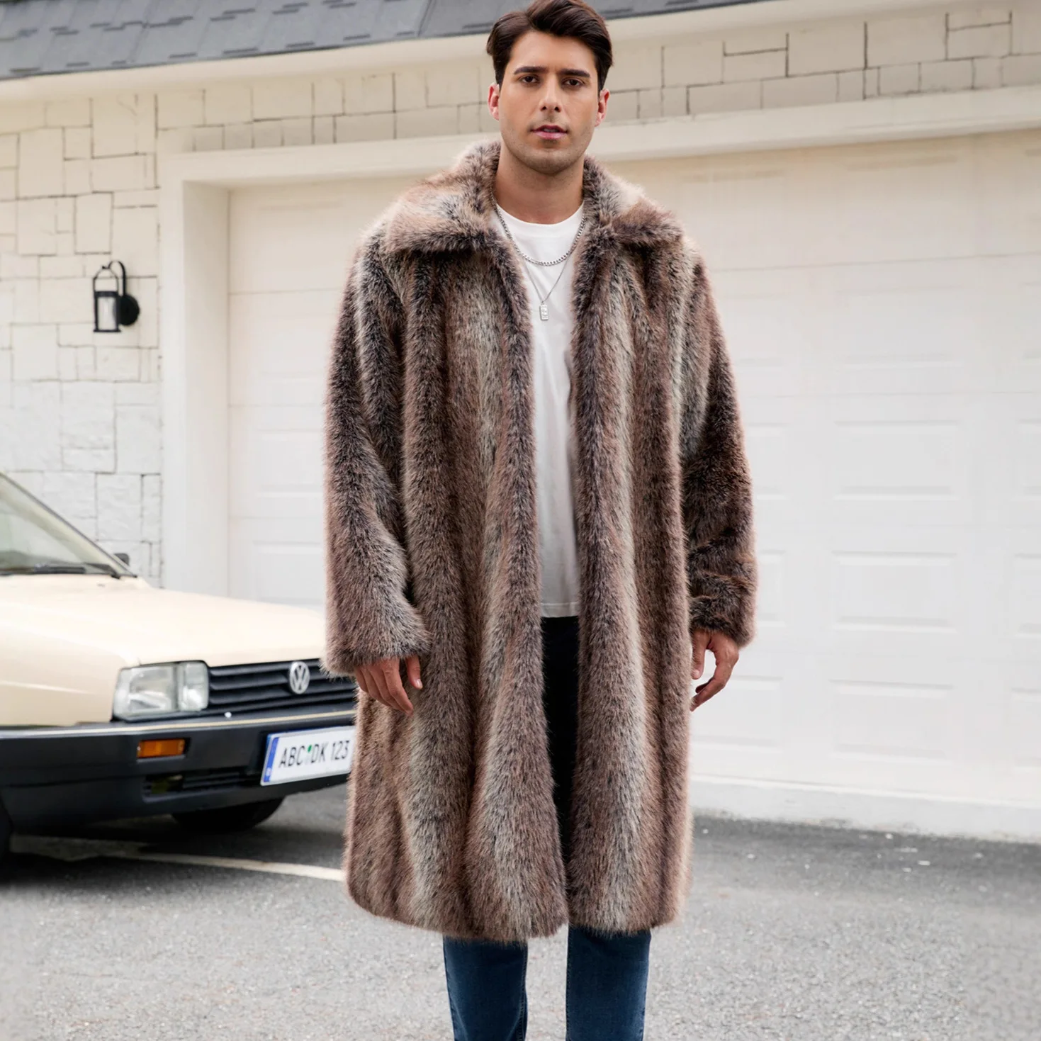 

European American Autumn Winter New Fashion Men's Brown Casual Trendy Loose Turn-down Collar Long Sleeve Faux Fur Coats Female