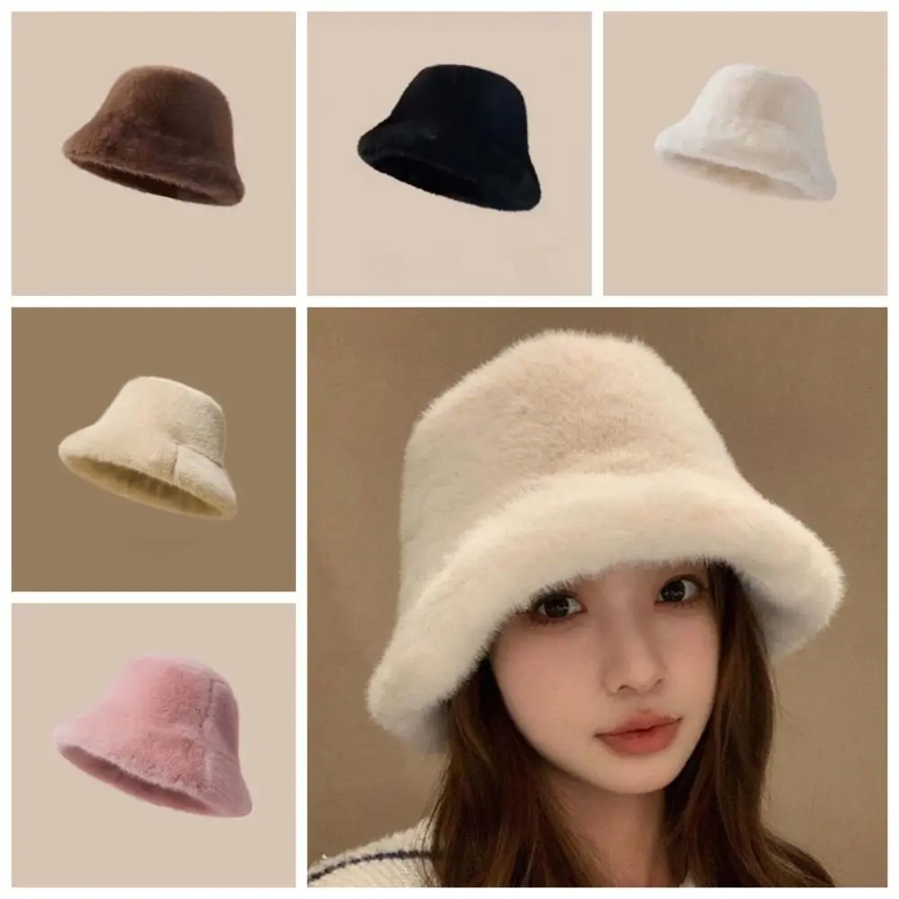 

Elegant Temperament Plush Basin Cap Warmer Solid Color Winter Fisherman Hat Soft Imitation Mink Fur Anti-cold Bucket Hat Outdoor