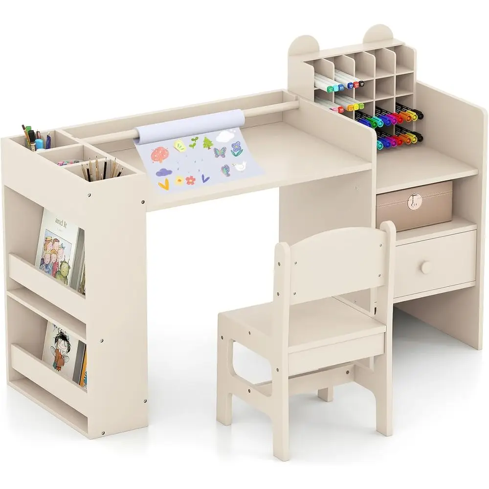 Toddler Table and Chair Set, 2-in-1 Art Desk Set with Paper Roll | Ding Table and Stool w/ Cubby Cabinet, Storage Der and Side B