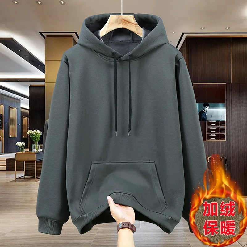 Men Winter hoodie with added fat plus size trendy chubby casual plush thick hooded solid color warm long sleeved 10xl 170kg