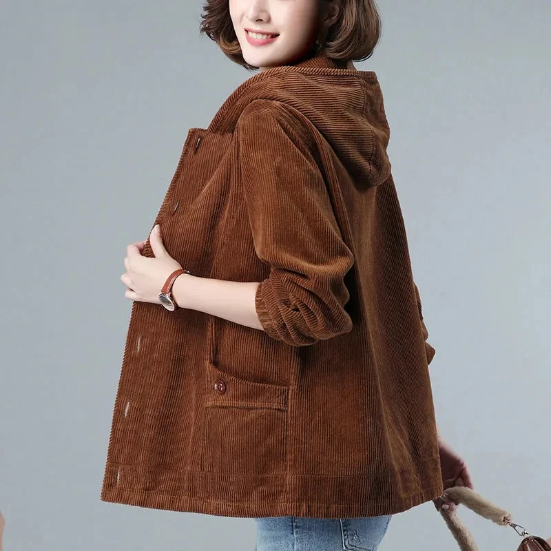 Corduroy Jacket For Women Spring Autumn Korean Style M-4XL Middle-aged Mother Casual Hooded Windbreaker Coat